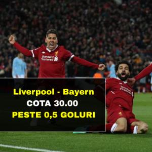 Cota 30.00 marita pentru PESTE 0,5 GOLURI in Liverpool - Bayern